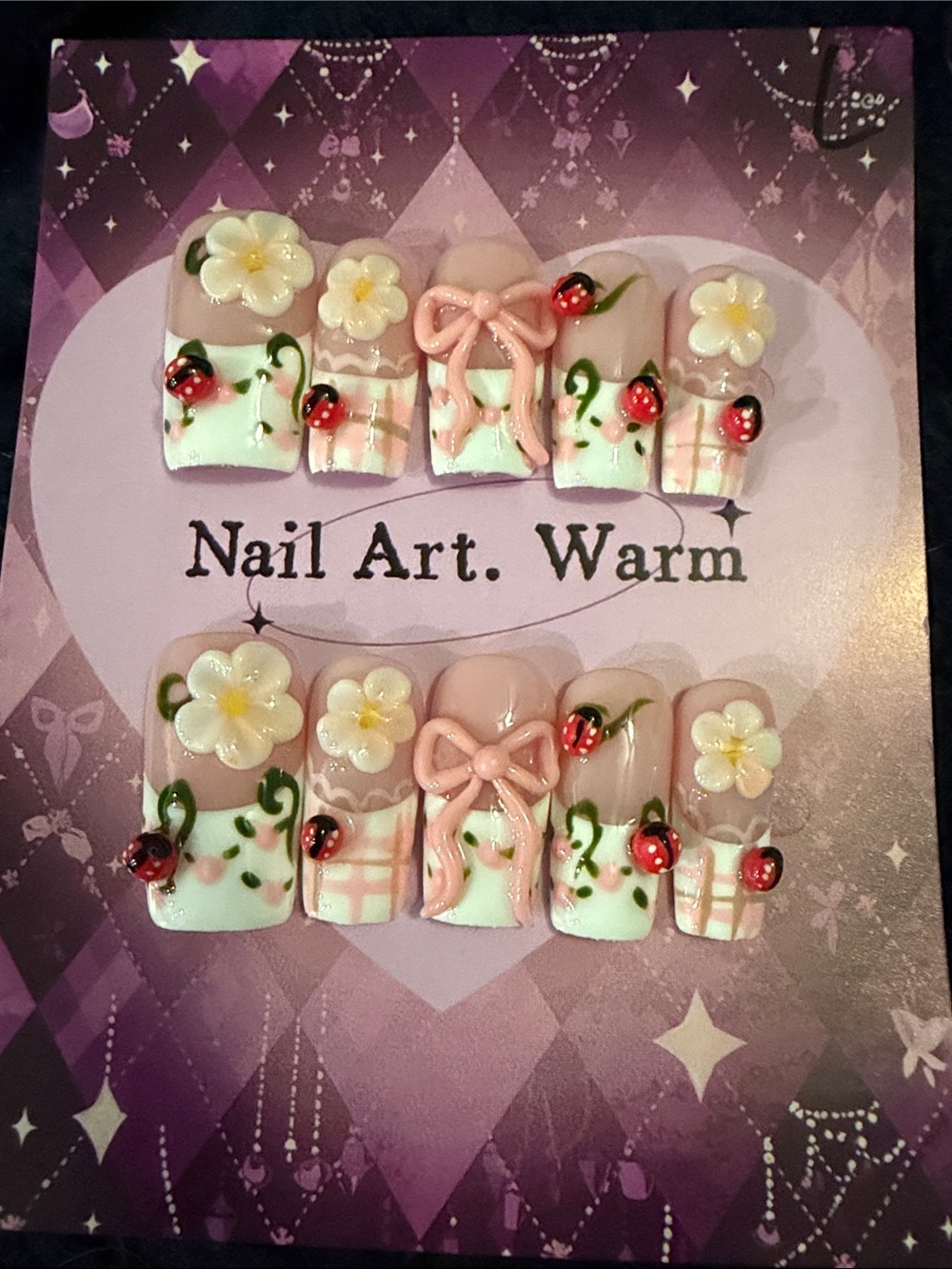 Lady bug and pink French tip design handmade acrylic press on nail